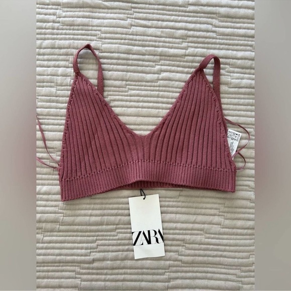 Zara NWT Ribbed Knit Cropped Top Bralette Size M Burgundy Maroon Triangle Crop - Picture 3 of 3